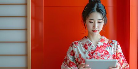 Asian Female using Digital Device on Solid Backdrop.の素材