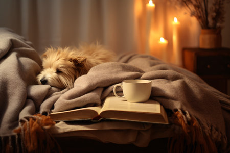 Charming winter dwelling with canine snoozing on bed atop snug cover, novel and mug of tea. Genuine home decor.の素材