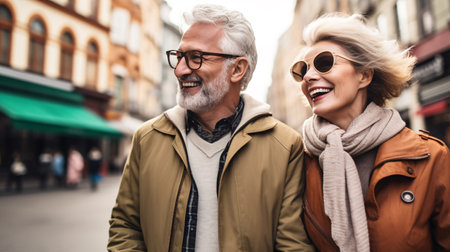 Elderly pair delighting in a leisurely stroll through city streets during the spring season.の素材