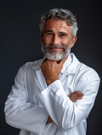Mature elderly expert donning a lab coat, posing confidently with arms crossed and hand resting on chin, radiating positivity.の素材