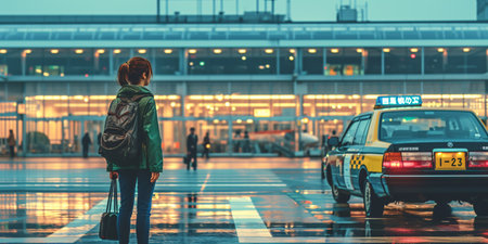 A visitor awaits a cab outside Tokyo airport in Japan.の素材
