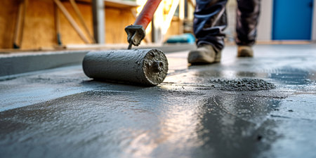 Expert in using spike roller for fresh concrete screed with automatic leveling cement compound for flooring. Idea for renovating house.の素材