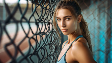 Captivating fitness model next to grid fence in workout facility.の素材