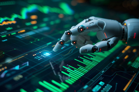 Automated stock trading using a robot that utilizes artificial intelligence and neural networks on a phone app, with the robot pointing at candlestick charts on the screen.の素材