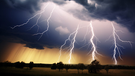 A thunderous storm ensued with streaks of lightning illuminating the landscape.の素材