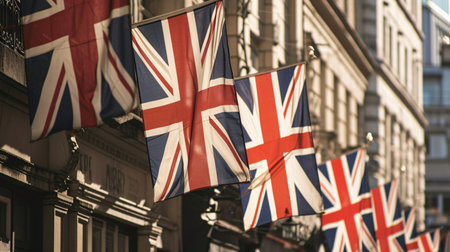 "Street adorned with Union Jack banners for upcoming national holiday festivities."の素材