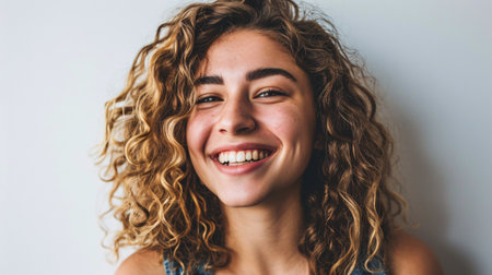 Youthful woman with curls standing alone in studio, beaming and exuding genuine happiness.の素材