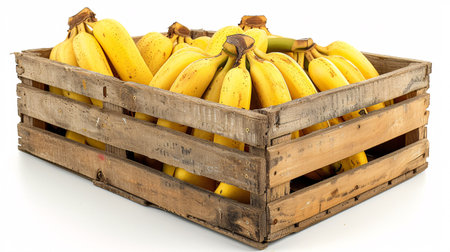 Banana-filled timber crate on white background.の素材
