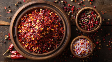Sprinkle ground red chili flakes and grains on the wooden surface.の素材