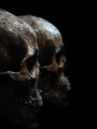 Two skulls with ample room for text, highlighting the front skull. Ideal for Halloween or a conceptual representation of mortality and scientific exploration.の素材