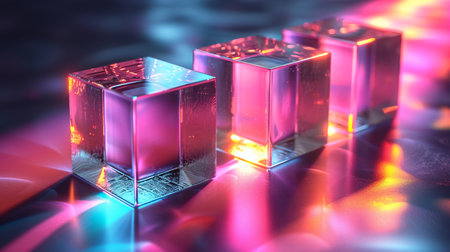 Shimmering 3d glass cubes on black backdrop with prism effect. Transparent rotating box with rainbow gradient. 3d render.の素材