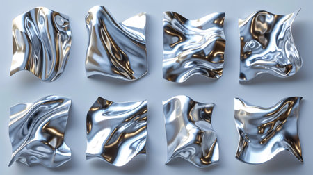 3D Shiny fluid forms. Puffed metallic items. Lifelike visualization elements collection.の素材