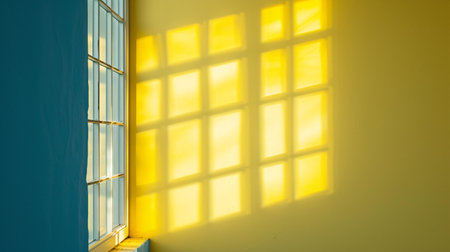 Bright sunlight streaming through window casting shadows of window frame onto yellow wall.の素材