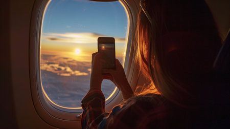 A woman captures the scenic view from her window seat on a flight using her phone's camera, while enjoying the in-flight internet.の素材