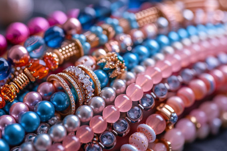 Up close view of a variety of vibrant bracelets adorned with diverse accessories.の素材