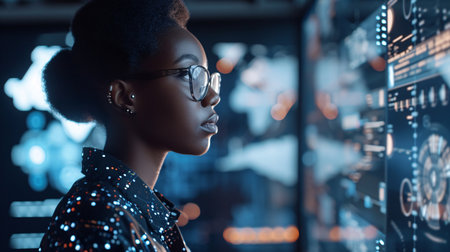 African-American female in corporate setting with focus on communication network, ICT, cloud computing, and system engineering.の素材