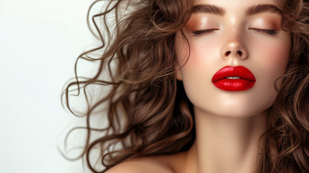 Attractive Fashion Model with red lips and closed eyes, showcasing natural Makeup and long wavy hair on white backdrop.の素材