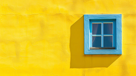 Sunny sky and sunlight streaming through window casting shadows of window frame on golden wall.の素材