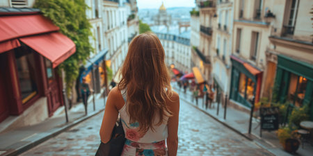 A woman tourist admiring the urban scenery on a Parisian street.の素材
