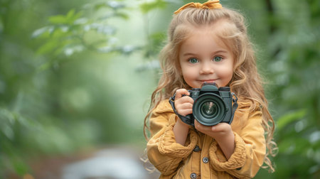 Young girl holding camera.の素材