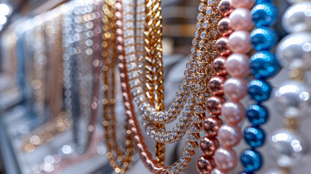 A gilded chain necklace on display at a boutique for women's accessories.の素材