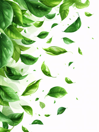Green fluttering foliage, organic beauty background, herbal tea, plant-based eco-friendly element, falling leaf, summer greenery decoration, cosmetic, nutritious cuisine, illustration.の素材