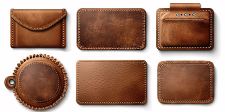 Collection of tan separate lifelike hide patch. Label badge with stitch pattern on see-through backdrop. Retro handmade symbol creation with cord. Circular and square cowhide fabric exemplar stud.の素材