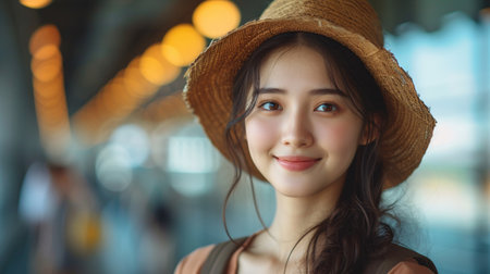 Smiling, pretty Asian woman with backpack at contemporary airport with available area for copy. Idea of tourism adventure.の素材