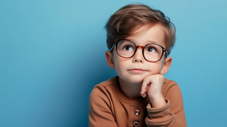 Caring young boy wearing spectacles on vibrant backdrop.の素材
