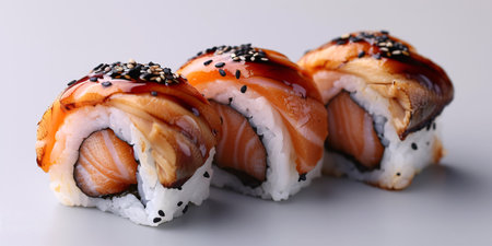 A combination of eel, salmon and California rolls.の素材