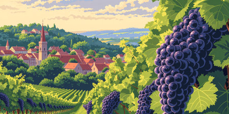 Burgundy vineyard in France with wine sampling, renowned grapes illustration of Bordeaux landscape, serene winery, delectable French wines and cabernet red wine harvest.の素材