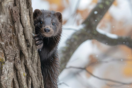 An American mink resting on a tree limb.の素材