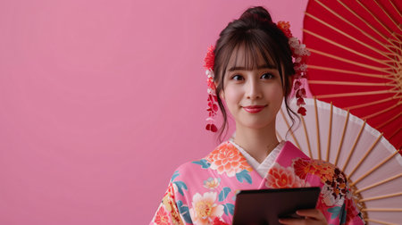Japanese female using digital device on solid backdrop.の素材