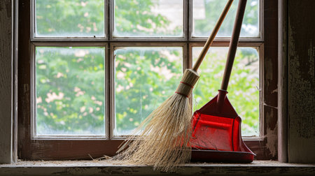 Window display featuring a broom and dustpan.の素材