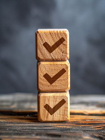 Wooden blocks with check marks representing job listings, task lists, surveys, assessments, confirmations, double checks and quality control for achieving business goals and success.の素材