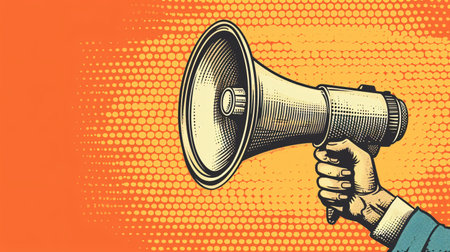 Retro-style sticker with vintage cut-out design and 90s magazine vibe, featuring a halftone handheld loudspeaker.の素材