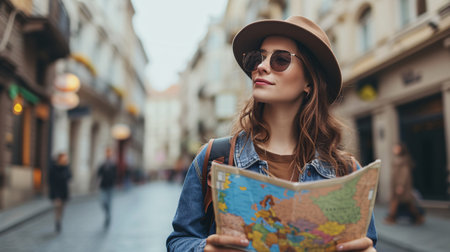 European tourism guide for female traveler using a map while exploring the city.の素材
