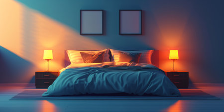 Contemporary bed with bedding, cushions and bedside lights illustration.の素材