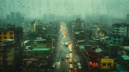 Vintage urban view captured through a window on a rainy day.の素材