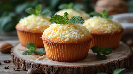 Delicious cabbage cakes presented in a basket on a rustic white table.の素材