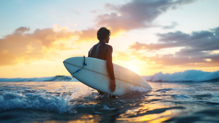 A teenage surfer heading to the water with his surfboard, ready to train.の素材
