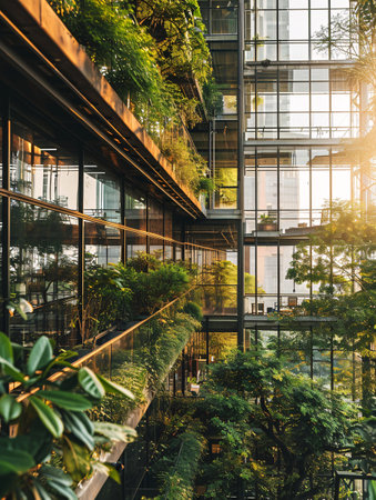 Eco-conscious glass office with tree reduces CO2 in modern city.の素材