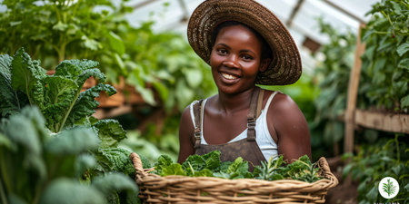 A female cultivator cultivating produce in a greenhouse for sustainable agriculture, with eco-friendly goods in a basket. A contented African grower or provider supporting a non-governmental organization or food safety.の素材