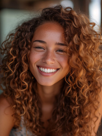 Gorgeous girl with curly locks smiling and relishing the weather.の素材