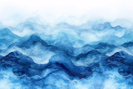 Vibrant illustration of blue watercolor waves on textured background.の素材
