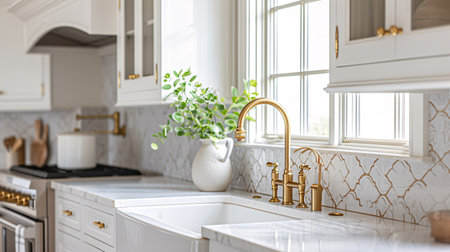 An elegant kitchen design featuring white cupboards, a golden spigot, white marble counters, and a brown ceramic tile backsplash.の素材