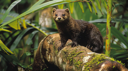 A US mink resting on a tree branch.の素材