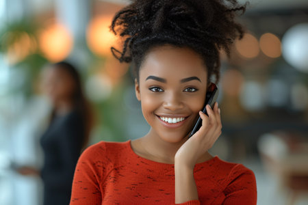 Easily accessible for customers. Lovely youthful African lady in stylish everyday attire conversing on the phone with a grin and holding her hair while her coworkers are seen in the backdrop.の素材