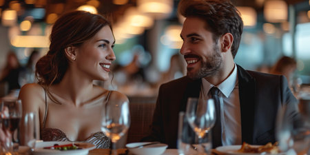 Gorgeous couple enjoying a romantic meal at a contemporary eatery on Valentine's Day.の素材