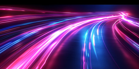 Futuristic light trails on a dark backdrop, ideal for banners, flyers, and posters.の素材